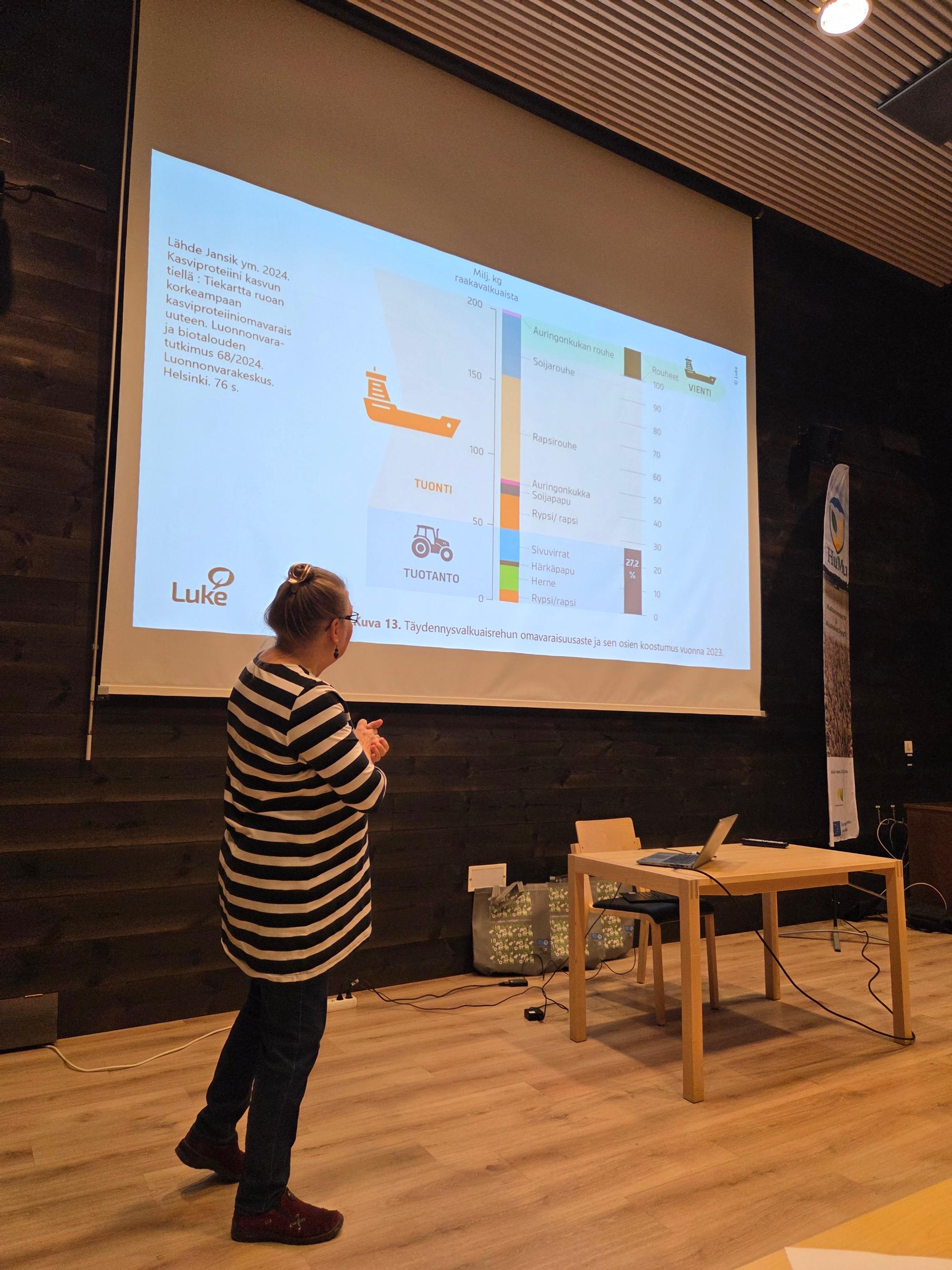 Marjo Keskitalo (Luke) esittelee valkuaisrehun omavaraisuusastetta.